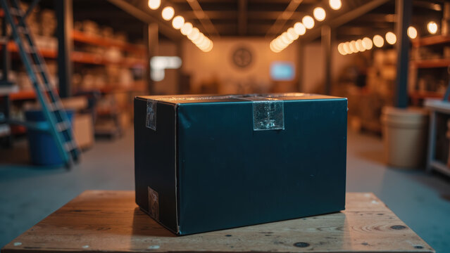 Dark box sits on wooden table in warehouse, illuminated by warm lights in background, creating cozy atmosphere