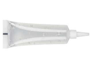 Transparent tube of clear cosmetic gel with a nozzle applicator on a transparent background
