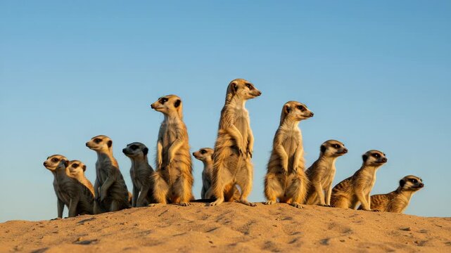 A lively group of meerkats standing vigilant on sandy terrain with a bright blue sky backdrop, capturing their social behavior and alertness in nature.
