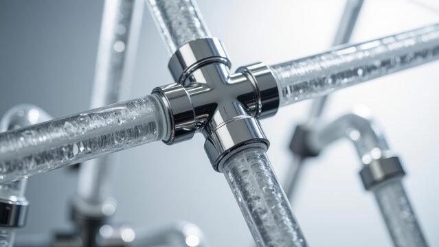 Transparent pipes with chrome fittings create intricate network, showcasing modern design and functionality in plumbing systems