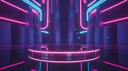 Futuristic Neon Background. Glowing Neon Light Stage with Podium in Purple and Blue Cyberpunk Style.