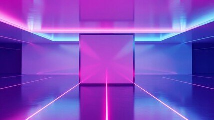 3D Render of a Futuristic Empty Room with Neon Frame and Abstract Light Streaks.