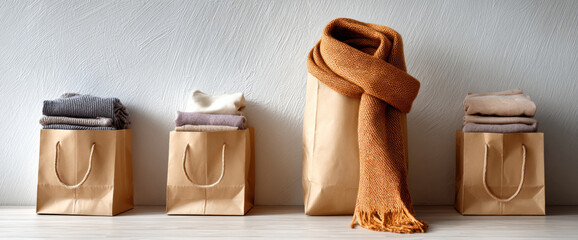 Paper bags filled with folded clothes and warm scarf for donation