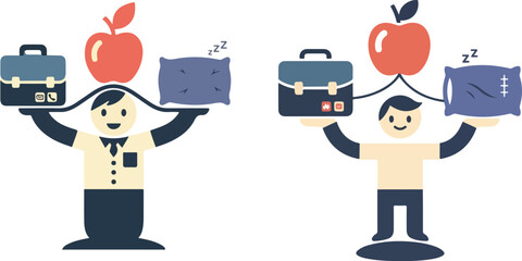 Playful Retro Character Balancing Work Health and Sleep Flat Vector Illustration