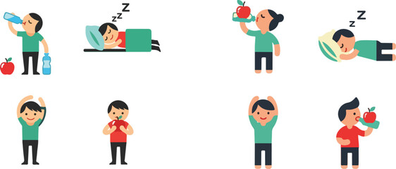 Vintage Healthy Habits Checklist Character Pack Flat Vector Illustration