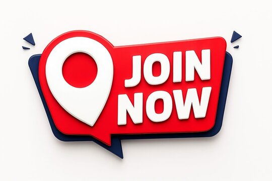 Red speech bubble with white location pin icon and the words join now in bold white lettering against a white background