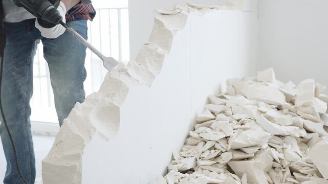 Unknown male construction worker wearing red checkered shirt jeans and protective gloves, is demolishing white wall with rotary hammer drill, generating debris on the floor, close up view. Renovation
