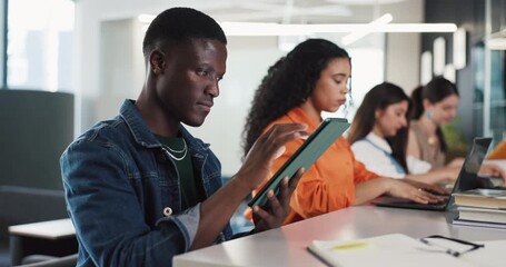 Employees, typing or man with tablet, media agency or followers engagement campaign. Group, email or person with tech, communication or online reading with subscription growth, project or coworking