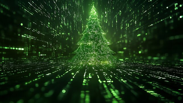 Stunning digital Christmas tree glows with vibrant green data streams in a futuristic, abstract cyberspace environment