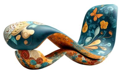 Organic chair DNA helix tribal motif floral pattern butterfly teal orange abstract furniture modern design sculptural seat seamless loop, isolated