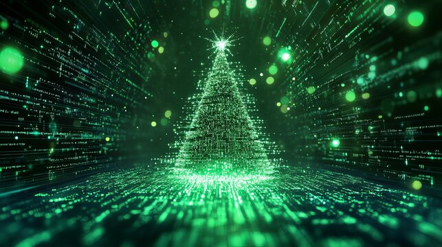 Stunning digital Christmas tree emerges from vibrant green binary code flow, creating a futuristic festive season celebration concept