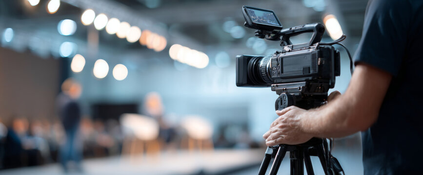 Professional video camera operator filming a speaker at a conference or event with blurred audience and stage lights in background