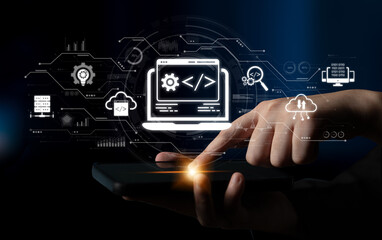 Modern web development concept featuring coding symbols, web development process, web development interface, and web development tools with futuristic design. Spline