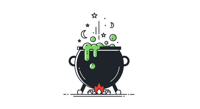 Black cauldron bubbling with green potion and magical elements. - Powered by Adobe