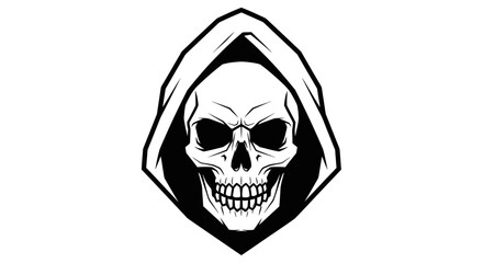 Grim Reaper Skull with Hood Black and White Illustration.