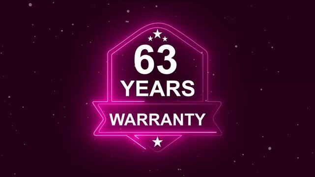 63 years warranty quality assurance concept on the transparent background. Neon Warranty shield Animation. Motion graphics of product guaranteed animated. Hundred percent authentic product.