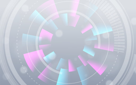 Circle neon blue and pink light ray on grey background. Futuristics technology concept.
