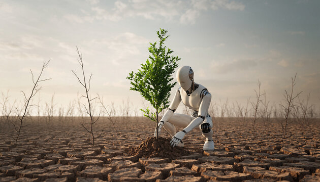 A white futuristic AI robot plants a single green sapling in dry, cracked earth, symbolizing technological solutions to the global climate crisis.