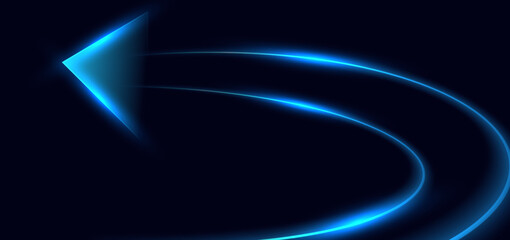 Arrow curve blue glowing on dark background. Technology innovation investment concept.