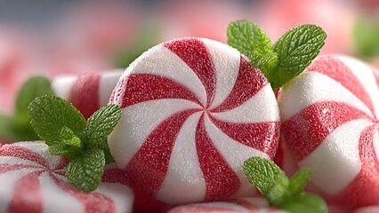 Sweet peppermint candies with fresh mint leaves arranged on a festive table setting.