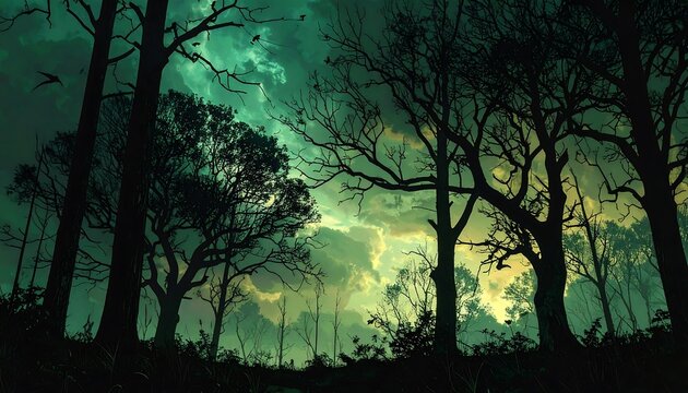 Dark forest silhouetted against a stormy, luminous sky with layered clouds, creating an eerie, atmospheric landscape