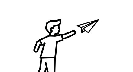 Simple Black and White Illustration of Person Launching Paper Airplane.