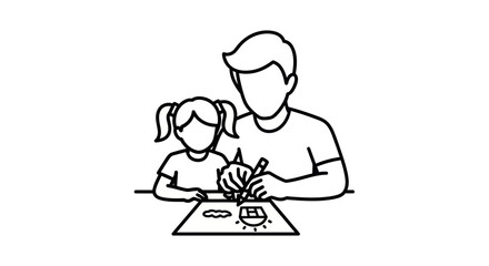 Father and daughter drawing together simple line art illustration.