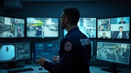 A security officer in a dark uniform monitors surveillance screens and checks a tablet, in a high-tech control room. 
