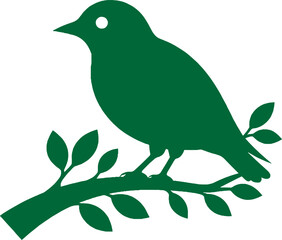 Green silhouette of a bird perched on a branch with leaves