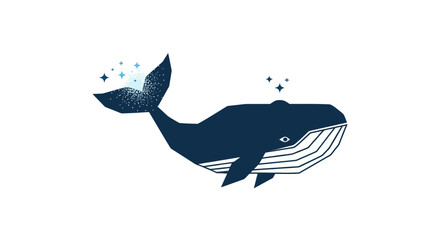 Stylized Blue Whale Illustration with Textured Details and Sparkling Water Spray.