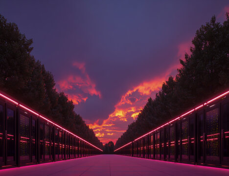 Vibrant pink neon lights line a pathway leading to a dramatic sunset sky with fiery clouds - Powered by Adobe