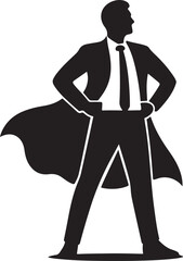 Office worker in hero pose with strong stance and cape, bold silhouette vector for business inspiration.