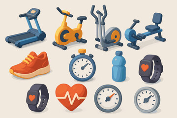 A set of 3d icons related to fitness and cardio training. All items are designed in bright colors with a soft, illustrative design.