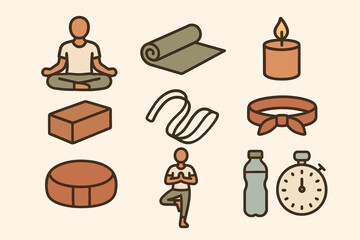 A set of icons related to yoga and meditation. All items are made in soft brown and green tones with a minimalist design.