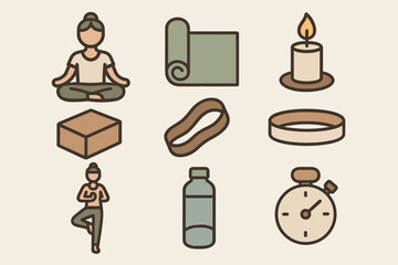 A set of icons related to yoga and meditation. All items are made in soft brown and green tones with a minimalist design.