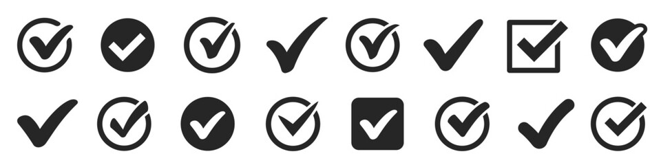Check mark icon set. Approval, quality, accept, success, yes, checkmark. OK symbol on white background - stock vector.