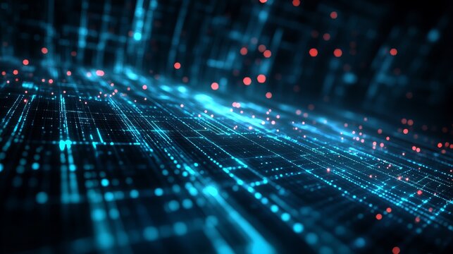 Dynamic digital data streams flow through a futuristic network of glowing blue lines and red bokeh lights, representing abstract technology and connectivity - Powered by Adobe