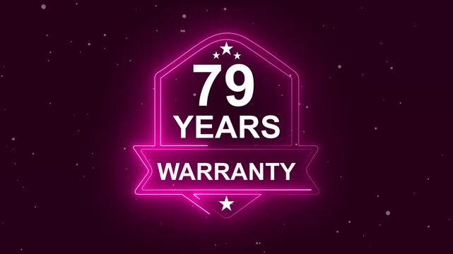 79 years warranty quality assurance concept on the transparent background. Neon Warranty shield Animation. Motion graphics of product guaranteed animated.