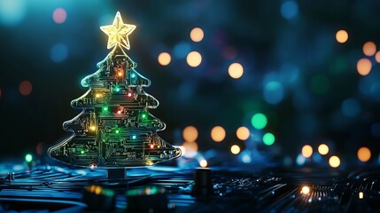 Stunning futuristic Christmas tree crafted from glowing circuit boards and vibrant lights, evoking modern holiday celebration and tech innovation