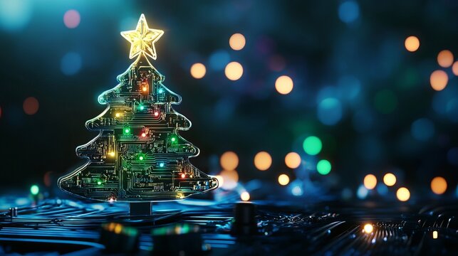 Stunning futuristic Christmas tree crafted from glowing circuit boards and vibrant lights, evoking modern holiday celebration and tech innovation