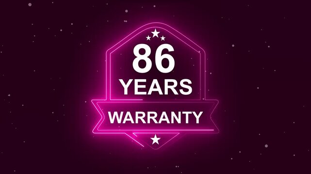 86 years warranty quality assurance concept on the transparent background. Neon Warranty shield Animation. Motion graphics of product guaranteed animated. Hundred percent authentic product.