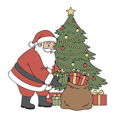 Santa Claus with gifts and a Christmas tree, a merry winter holiday celebration illustration