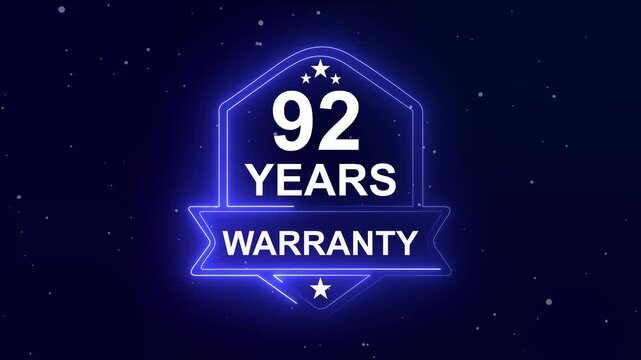 92 years warranty quality assurance concept on the transparent background. Neon Warranty shield Animation. Motion graphics of product guaranteed animated. Hundred percent authentic product.