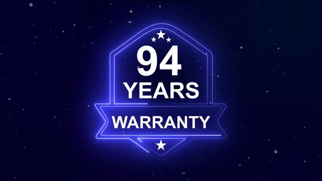 94 years warranty quality assurance concept on the transparent background. Neon Warranty shield Animation. Motion graphics of product guaranteed animated. Hundred percent authentic product.