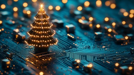 Sparkling digital Christmas tree glows brightly on a futuristic circuit board, symbolizing tech holiday cheer and innovation