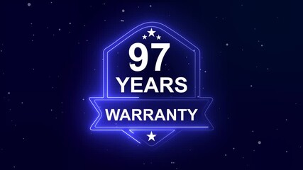 97 years warranty quality assurance concept on the transparent background. Neon Warranty shield Animation. Motion graphics of product guaranteed animated. Hundred percent authentic product.