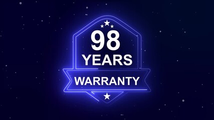 98 years warranty quality assurance concept on the transparent background. Neon Warranty shield Animation. Motion graphics of product guaranteed animated. Hundred percent authentic product.