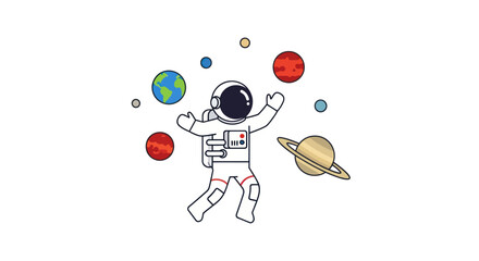 Cartoon Astronaut Juggling Colorful Planets in Space.