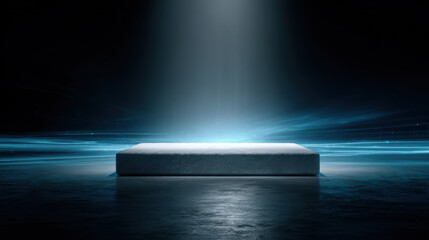 Minimalist white mattress levitating on reflective floor beneath dramatic spotlight with soft blue ambient light and futuristic atmosphere, serene modern product presentation evoking calm comfort