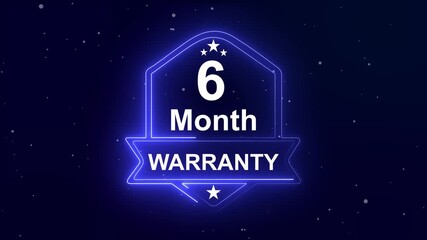 6 month warranty quality assurance concept on the transparent background. Neon Warranty shield Animation. Motion graphics of product guaranteed animated. Hundred percent authentic product.